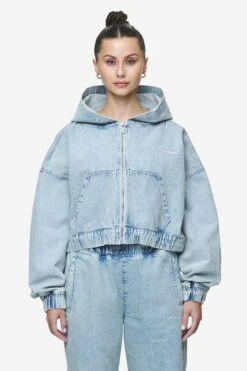 Zona Cropped Denim Zip Jacket Washed Pale Blue